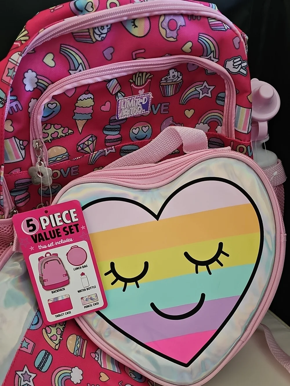 Limited Too Pink Rainbow Heart 5 Piece Backpack School Set NWT